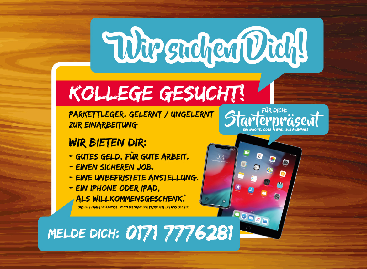 Bewirb dich bei uns unter 0171 7776281 und erhalte ein gratis IPhone oder IPad